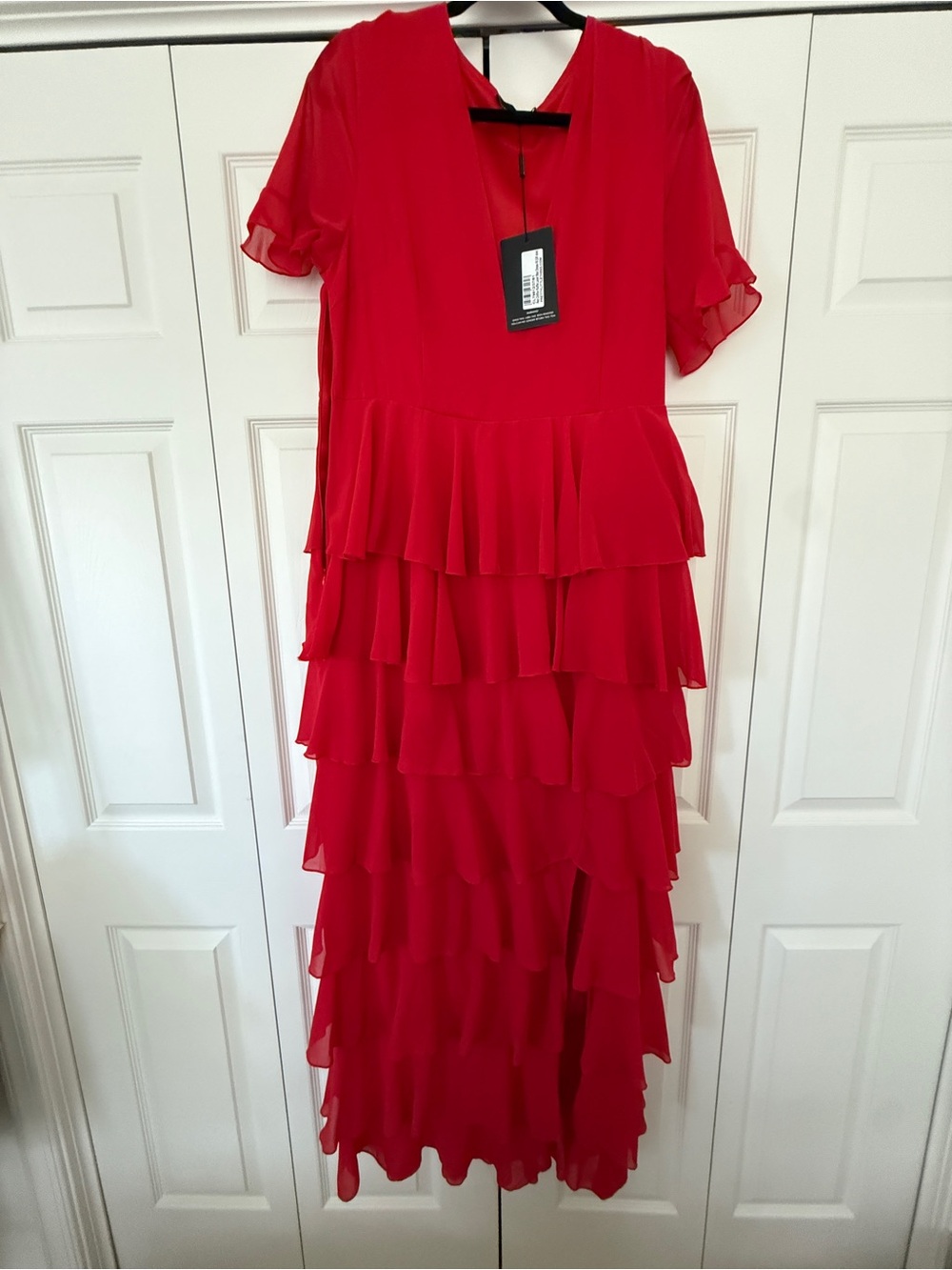 PrettyLittleThing Red Tiered Ruffle Maxi Dress